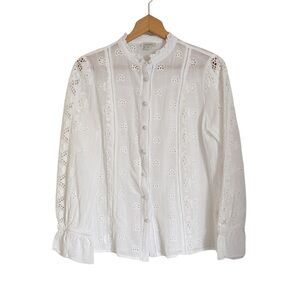 Sundance White Eyelet Button Front Boho Romantic Long Sleeve Blouse size M
